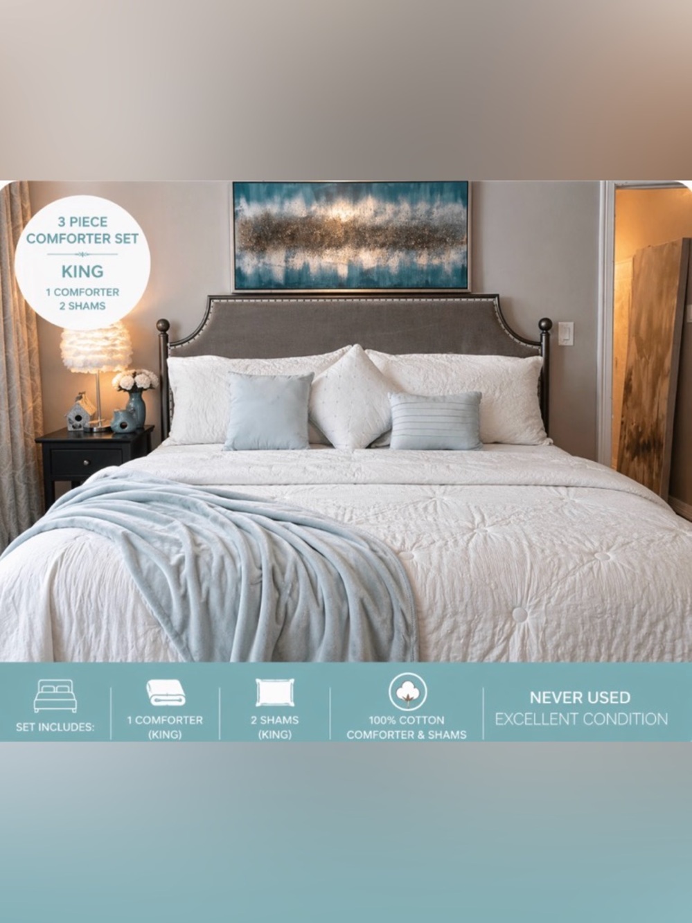 King White Cotton Comforter Set 3pc Tufted Minimal Luxury